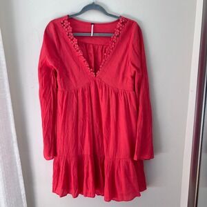 Free People Mini‎ Dress Crochet Trim Open Back Long Sleeve Coral M